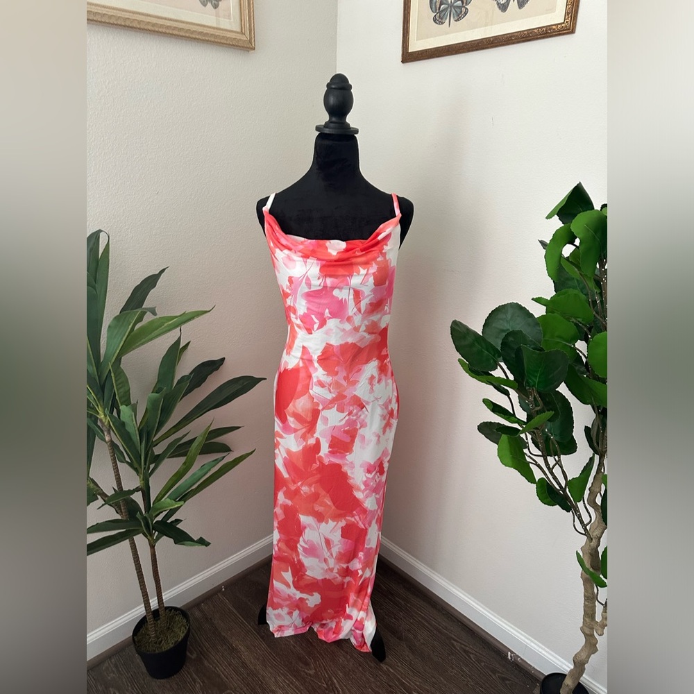 Form fitting stretch material cowl neck maxi dress